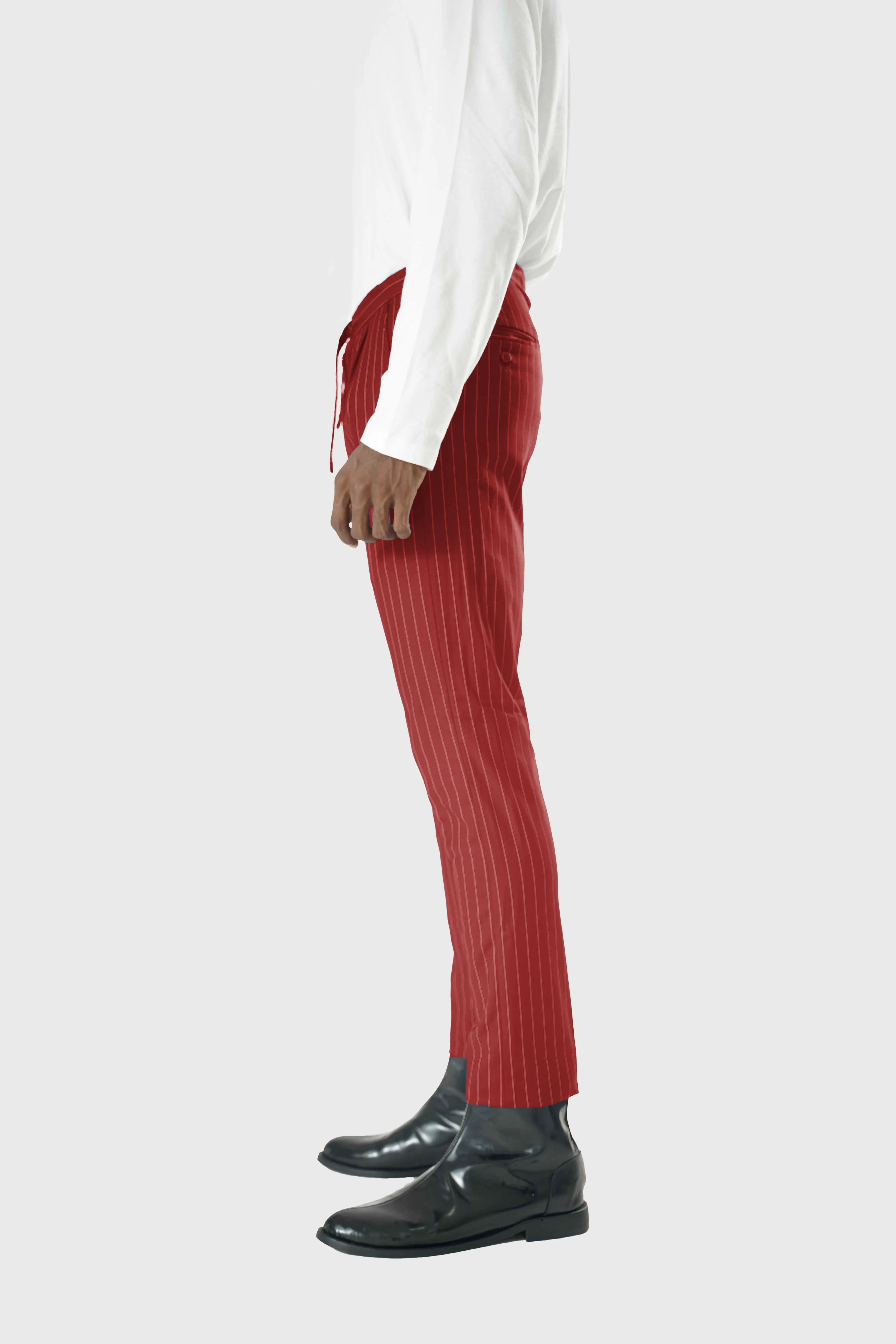 Wool Drawstring Pants in Red Pinstripe