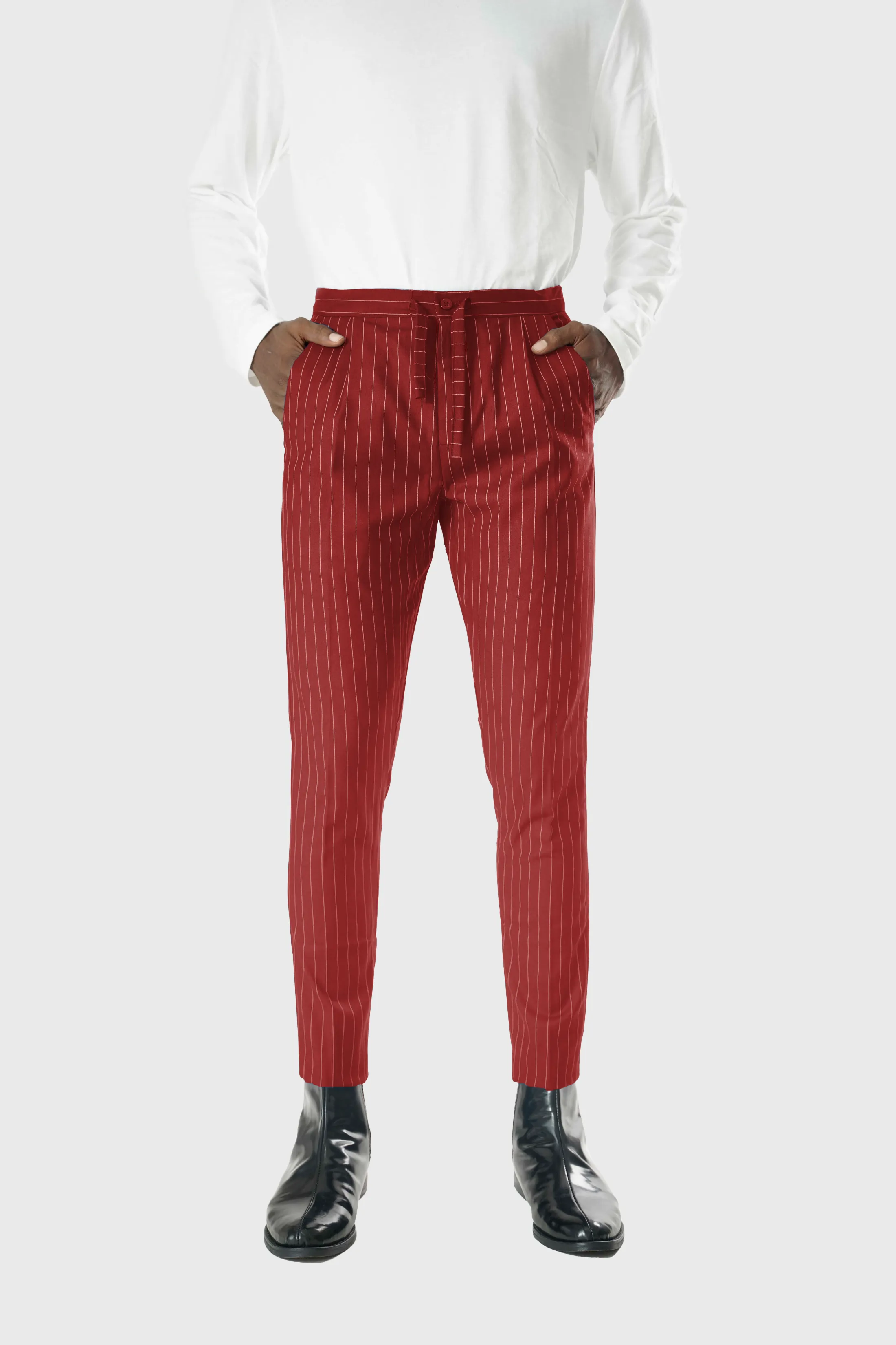 Wool Drawstring Pants in Red Pinstripe